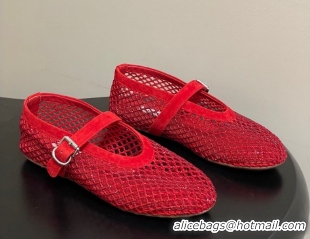 Best Grade Alaia Ballet Flats in Fishnet and Suede with Strass Red 2025 AL020702