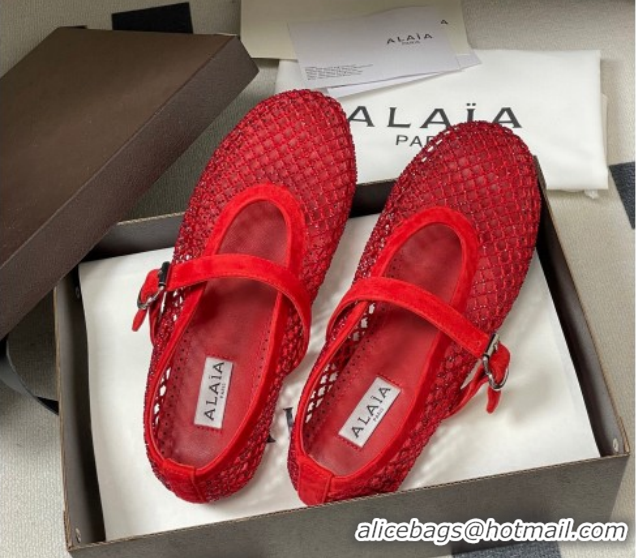 Best Grade Alaia Ballet Flats in Fishnet and Suede with Strass Red 2025 AL020702