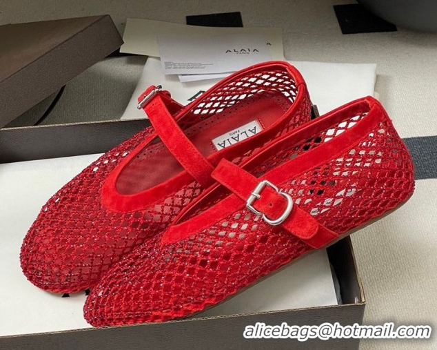 Best Grade Alaia Ballet Flats in Fishnet and Suede with Strass Red 2025 AL020702