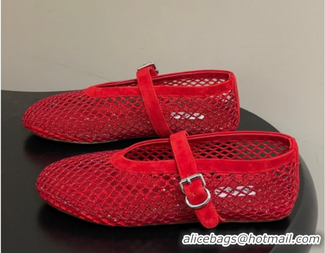 Best Grade Alaia Ballet Flats in Fishnet and Suede with Strass Red 2025 AL020702