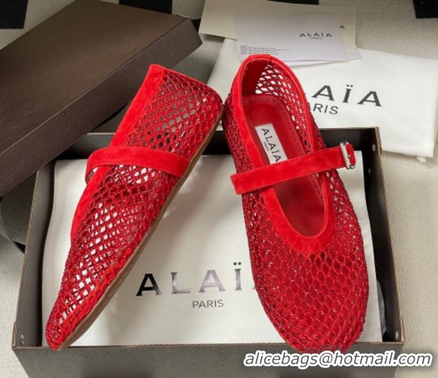 Best Grade Alaia Ballet Flats in Fishnet and Suede with Strass Red 2025 AL020702