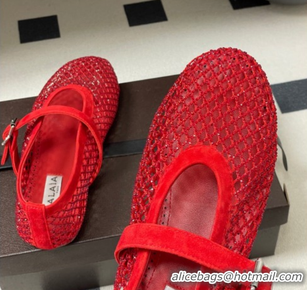 Best Grade Alaia Ballet Flats in Fishnet and Suede with Strass Red 2025 AL020702