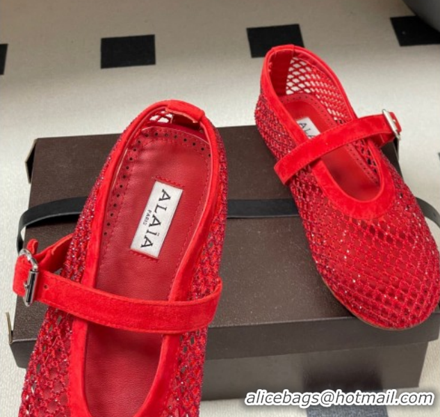 Best Grade Alaia Ballet Flats in Fishnet and Suede with Strass Red 2025 AL020702