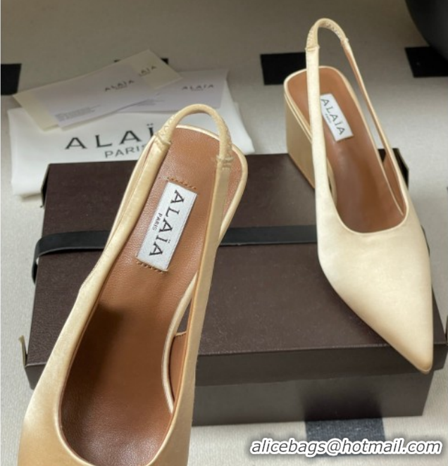 Buy Luxury Alaia Cube Wedge Slingbacks Pump 7.5cm in Satin Beige 2026 AL020707