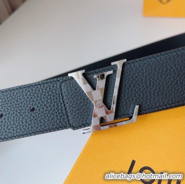 Top Quality Louis Vuitton Men's Damier LV Belt 4cm with LV Buckle in Palm-Grained Leather LV011002 Black/Silver 2025