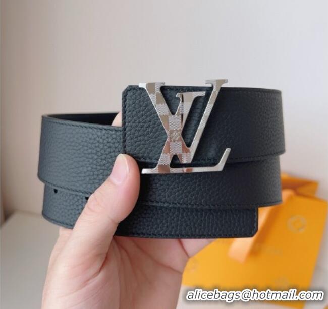 Top Quality Louis Vuitton Men's Damier LV Belt 4cm with LV Buckle in Palm-Grained Leather LV011002 Black/Silver 2025
