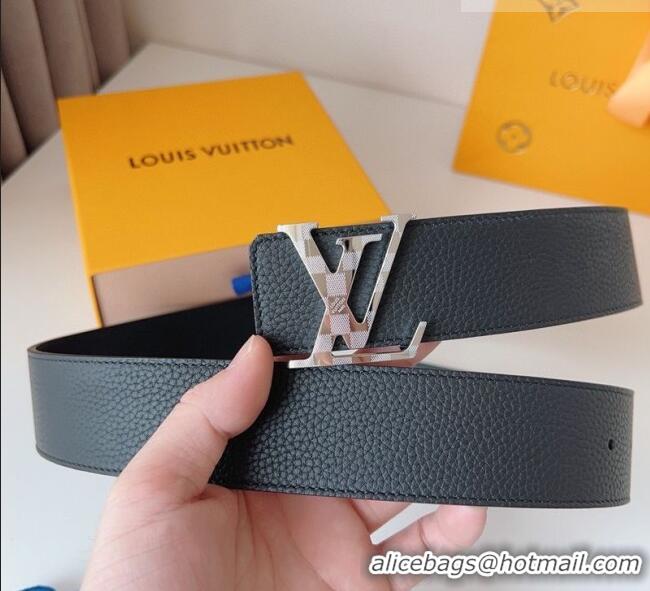Top Quality Louis Vuitton Men's Damier LV Belt 4cm with LV Buckle in Palm-Grained Leather LV011002 Black/Silver 2025
