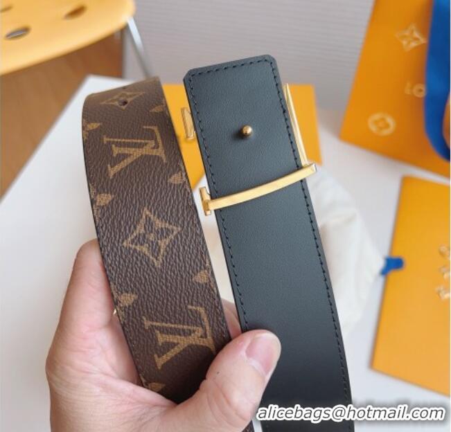 Good Taste Louis Vuitton Men's Monogram Canvas Belt 4cm with Gold LV Buckle Black Leather LV011003 2025