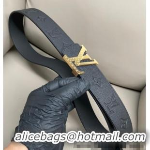 Well Crafted Louis Vuitton Men's Grained Leather Belt 4cm with Gold Monogram LV Buckle LV011006 Black 2025