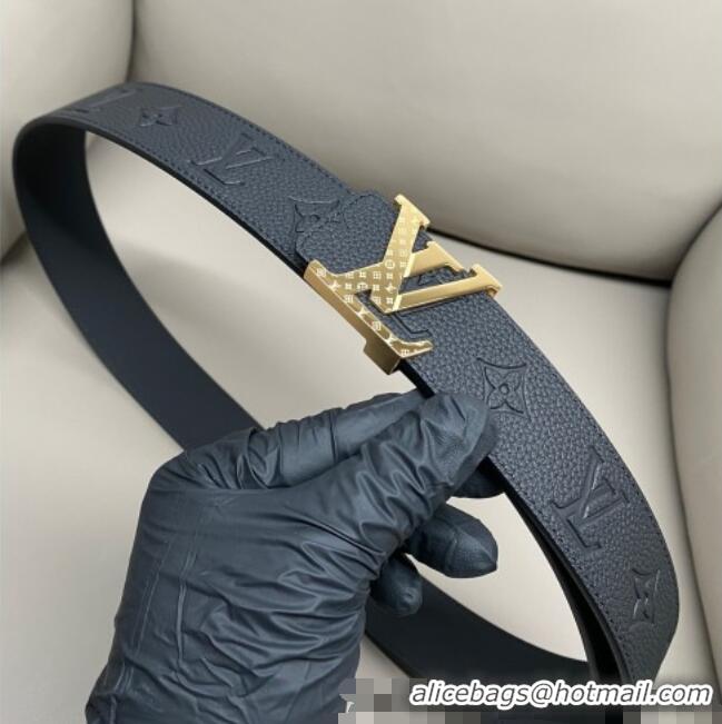 Well Crafted Louis Vuitton Men's Grained Leather Belt 4cm with Gold Monogram LV Buckle LV011006 Black 2025