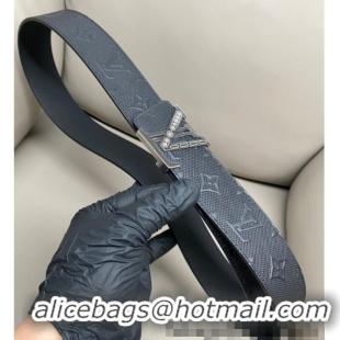 Famous Brand Louis Vuitton Men's Mesh Leather Belt 4cm with Silver LV Buckle LV011006 Black 2025