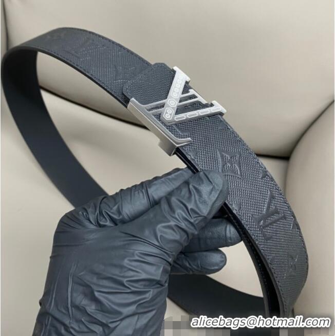 Famous Brand Louis Vuitton Men's Mesh Leather Belt 4cm with Silver LV Buckle LV011006 Black 2025