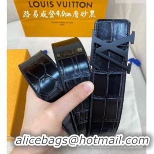 Original Cheap Louis Vuitton Reversible Crocodile Embossed Leather Belt 4cm with LV Buckle LV091203 All Black 2025