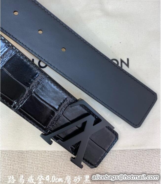 Original Cheap Louis Vuitton Reversible Crocodile Embossed Leather Belt 4cm with LV Buckle LV091203 All Black 2025