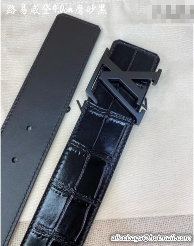 Original Cheap Louis Vuitton Reversible Crocodile Embossed Leather Belt 4cm with LV Buckle LV091203 All Black 2025