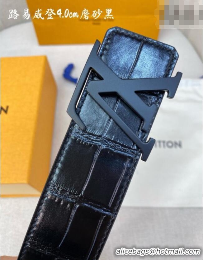 Original Cheap Louis Vuitton Reversible Crocodile Embossed Leather Belt 4cm with LV Buckle LV091203 All Black 2025