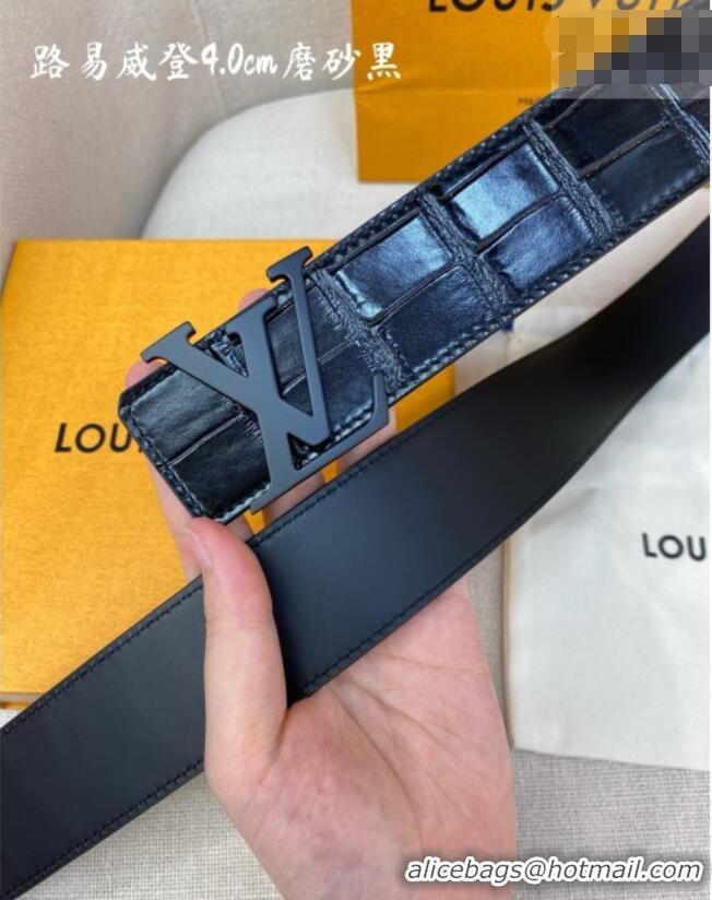 Original Cheap Louis Vuitton Reversible Crocodile Embossed Leather Belt 4cm with LV Buckle LV091203 All Black 2025