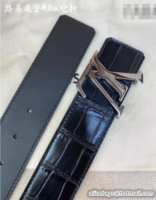 Market Sells Louis Vuitton Reversible Crocodile Embossed Leather Belt 4cm with LV Buckle LV091203 Black/Gunmetal 2025