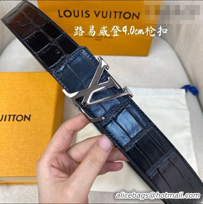 Market Sells Louis Vuitton Reversible Crocodile Embossed Leather Belt 4cm with LV Buckle LV091203 Black/Gunmetal 2025