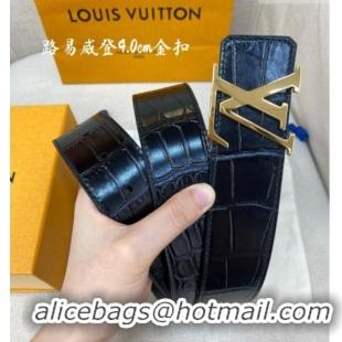 Best Grade Louis Vuitton Reversible Crocodile Embossed Leather Belt 4cm with LV Buckle LV091203 Black/Gold 2025