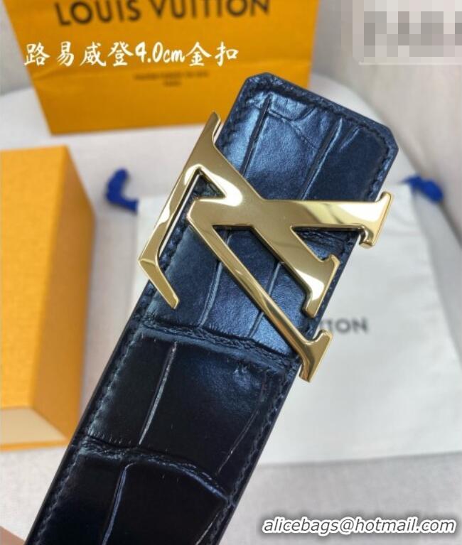 Best Grade Louis Vuitton Reversible Crocodile Embossed Leather Belt 4cm with LV Buckle LV091203 Black/Gold 2025