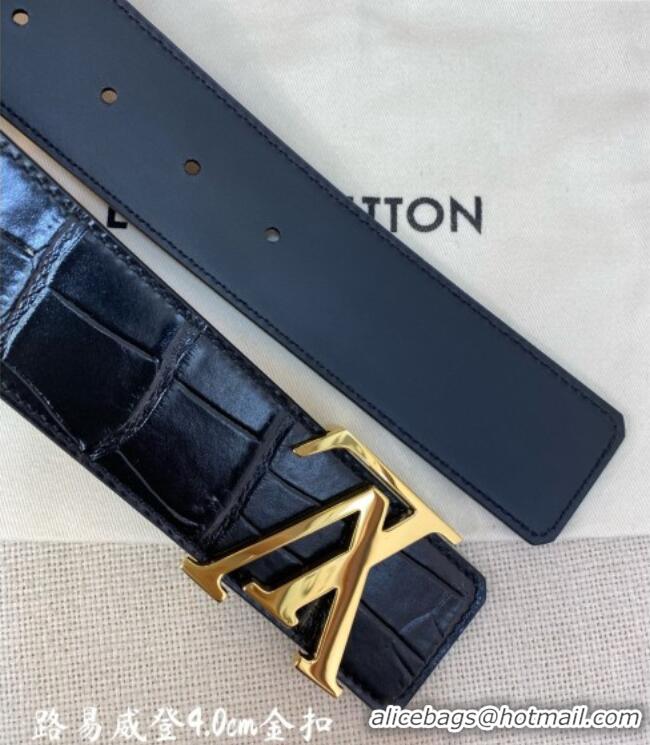 Best Grade Louis Vuitton Reversible Crocodile Embossed Leather Belt 4cm with LV Buckle LV091203 Black/Gold 2025