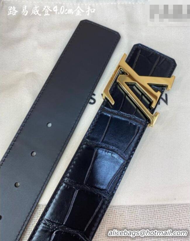 Best Grade Louis Vuitton Reversible Crocodile Embossed Leather Belt 4cm with LV Buckle LV091203 Black/Gold 2025