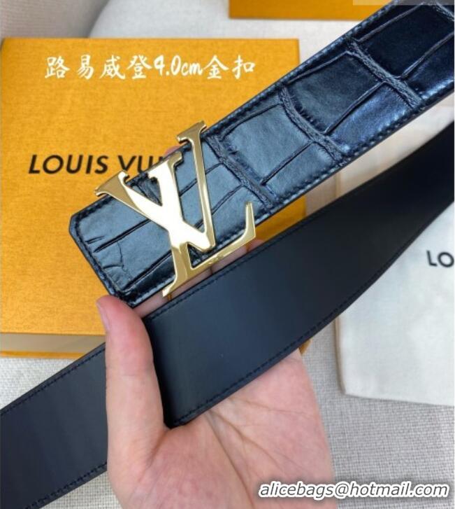 Best Grade Louis Vuitton Reversible Crocodile Embossed Leather Belt 4cm with LV Buckle LV091203 Black/Gold 2025