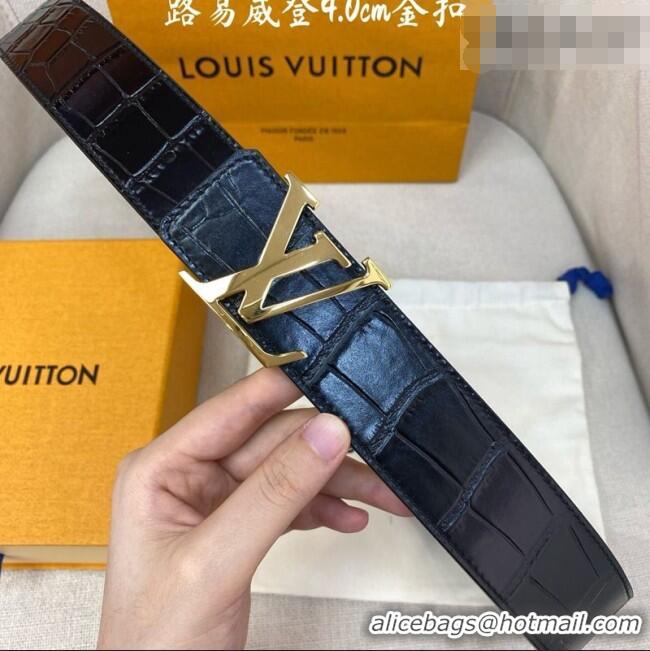 Best Grade Louis Vuitton Reversible Crocodile Embossed Leather Belt 4cm with LV Buckle LV091203 Black/Gold 2025