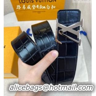 Grade Quality Louis Vuitton Reversible Crocodile Embossed Leather Belt 4cm with LV Buckle LV091203 Black/Silver 2025