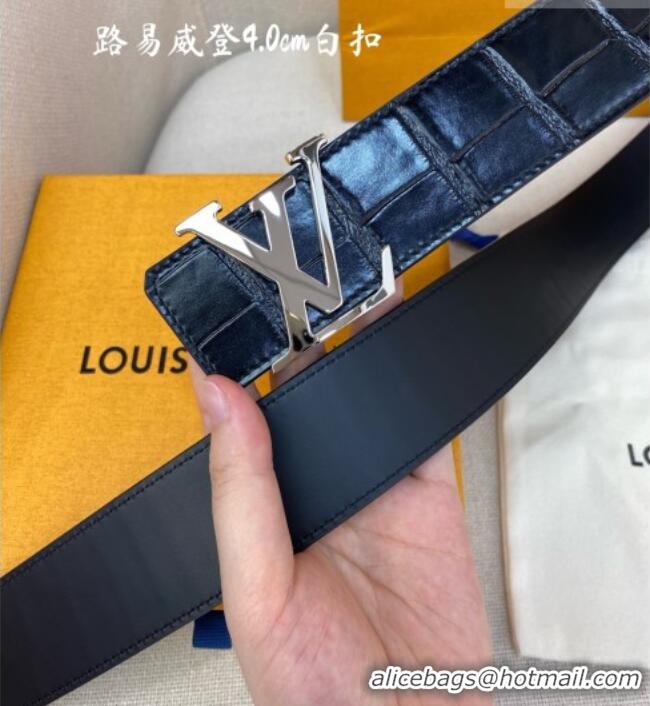Grade Quality Louis Vuitton Reversible Crocodile Embossed Leather Belt 4cm with LV Buckle LV091203 Black/Silver 2025