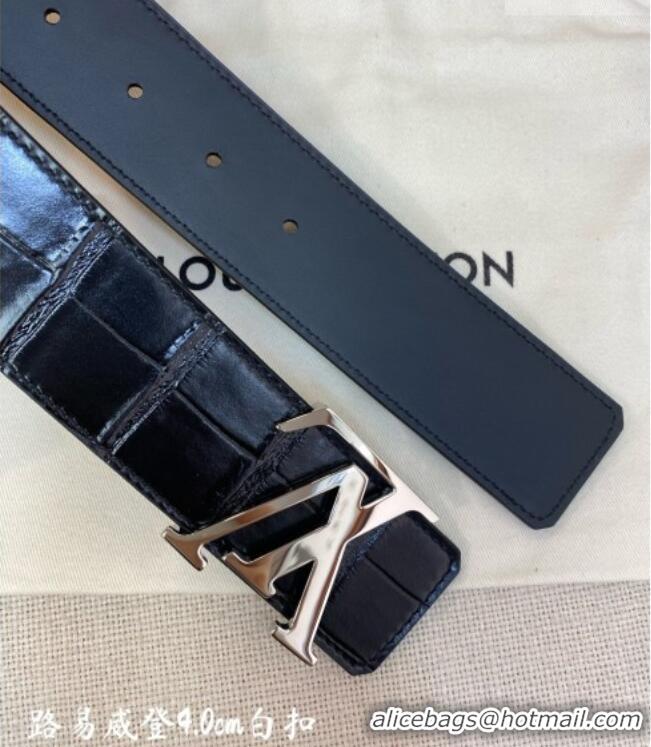Grade Quality Louis Vuitton Reversible Crocodile Embossed Leather Belt 4cm with LV Buckle LV091203 Black/Silver 2025