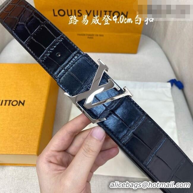 Grade Quality Louis Vuitton Reversible Crocodile Embossed Leather Belt 4cm with LV Buckle LV091203 Black/Silver 2025