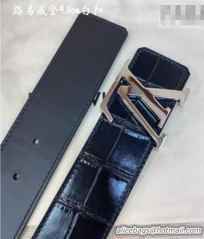 Grade Quality Louis Vuitton Reversible Crocodile Embossed Leather Belt 4cm with LV Buckle LV091203 Black/Silver 2025