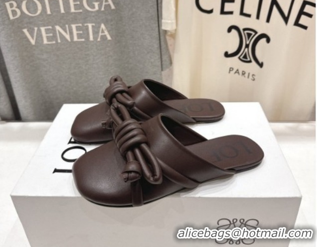 Sumptuous Loewe Flamenco Knot Flat Mules in Lambskin Leather Dark Chestnut Brown 2026 0226005