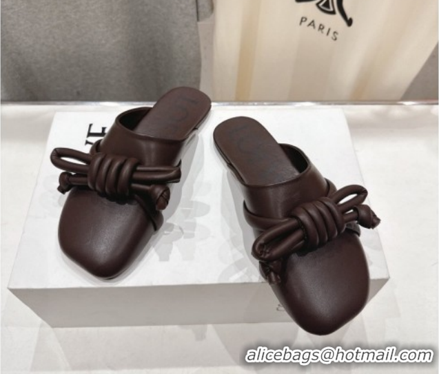 Sumptuous Loewe Flamenco Knot Flat Mules in Lambskin Leather Dark Chestnut Brown 2026 0226005