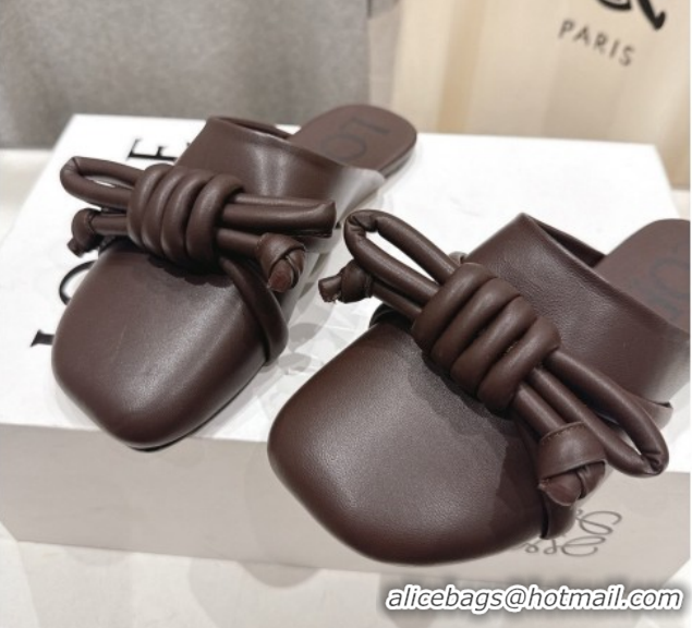 Sumptuous Loewe Flamenco Knot Flat Mules in Lambskin Leather Dark Chestnut Brown 2026 0226005