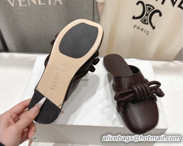 Sumptuous Loewe Flamenco Knot Flat Mules in Lambskin Leather Dark Chestnut Brown 2026 0226005