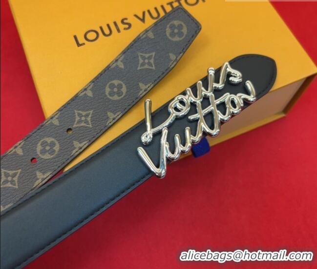 Top Grade Louis Vuitton LV Script Belt 3cm in Monogram Canvas and Leather M4515 Black/Silver 2025