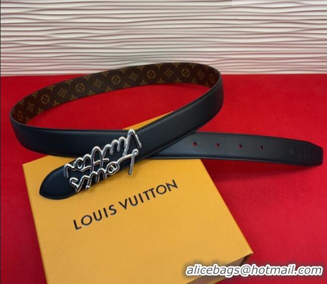 Top Grade Louis Vuitton LV Script Belt 3cm in Monogram Canvas and Leather M4515 Black/Silver 2025