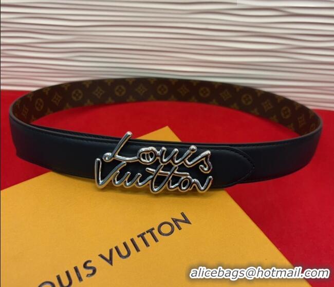 Top Grade Louis Vuitton LV Script Belt 3cm in Monogram Canvas and Leather M4515 Black/Silver 2025