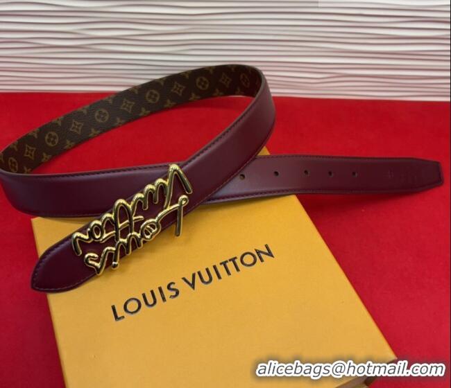 Luxury Cheap Louis Vuitton LV Script Belt 3cm in Monogram Canvas and Leather M4515 Burgundy 2025