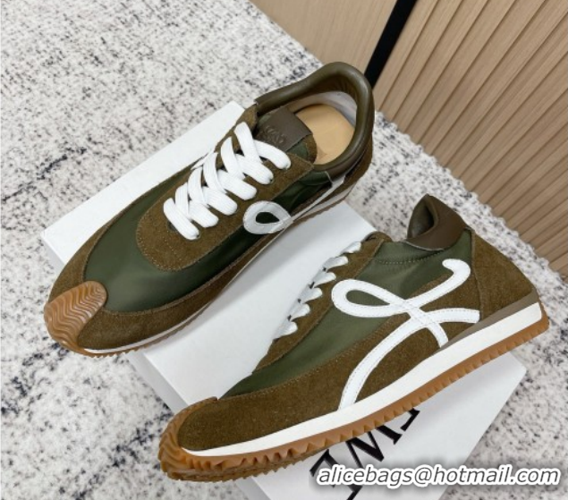 Unique Style Loewe Flow Runner Sneakers in Nylon and Suede Green 0226027