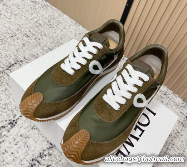Unique Style Loewe Flow Runner Sneakers in Nylon and Suede Green 0226027