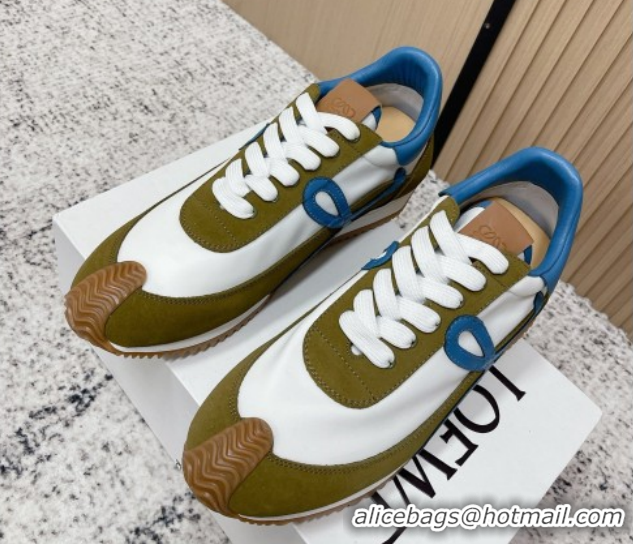 Good Quality Loewe Flow Runner Sneakers in Nylon and Suede White/Green 0226065