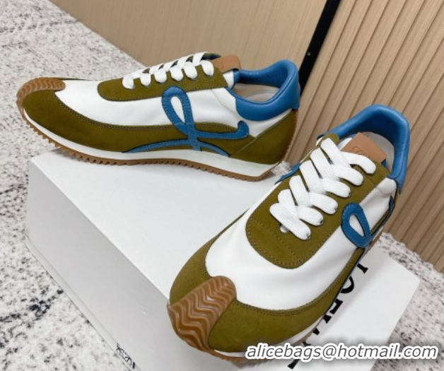 Good Quality Loewe Flow Runner Sneakers in Nylon and Suede White/Green 0226065