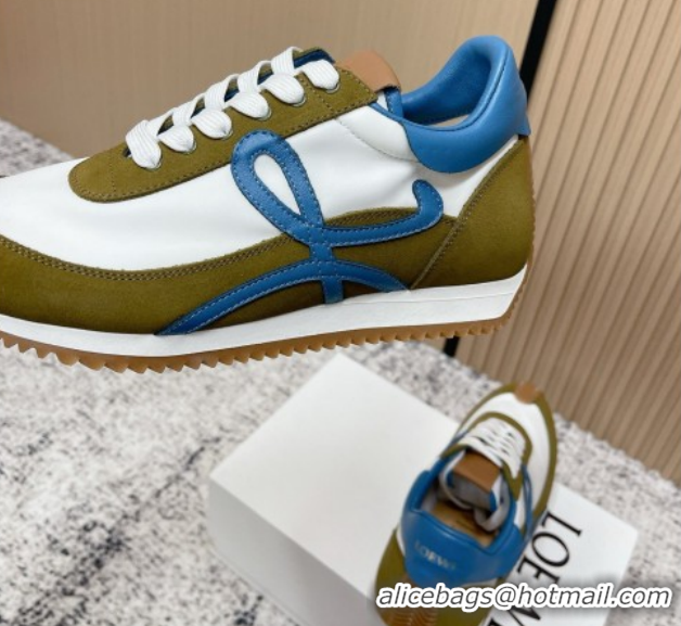 Good Quality Loewe Flow Runner Sneakers in Nylon and Suede White/Green 0226065