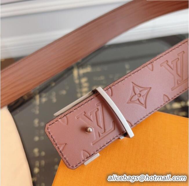 Best Grade Louis Vuitton Embossed Leather Belt 4cm with LV Buckle LV031606 Brown 2026