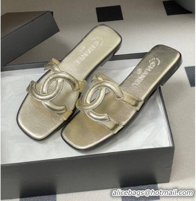Inexpensive Chanel Crackled Laminated Calfskin Mules Sandals G47250 Gold 2026