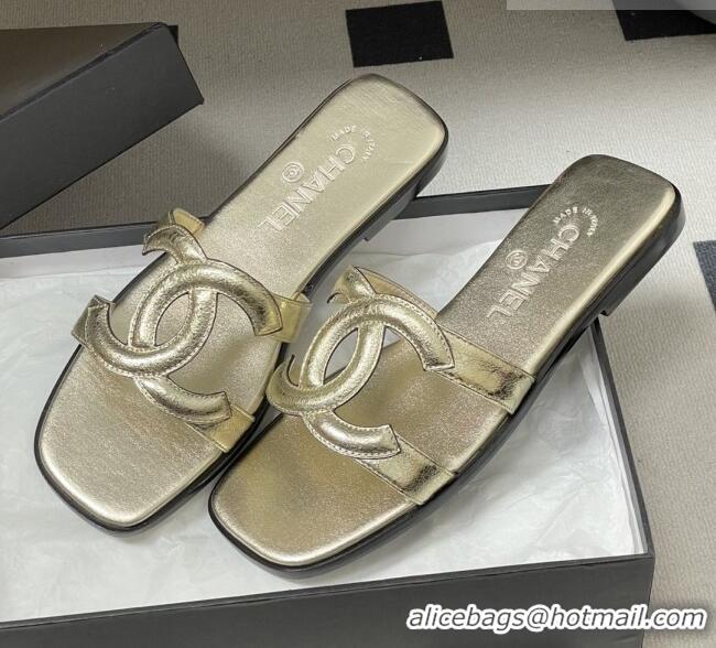 Inexpensive Chanel Crackled Laminated Calfskin Mules Sandals G47250 Gold 2026
